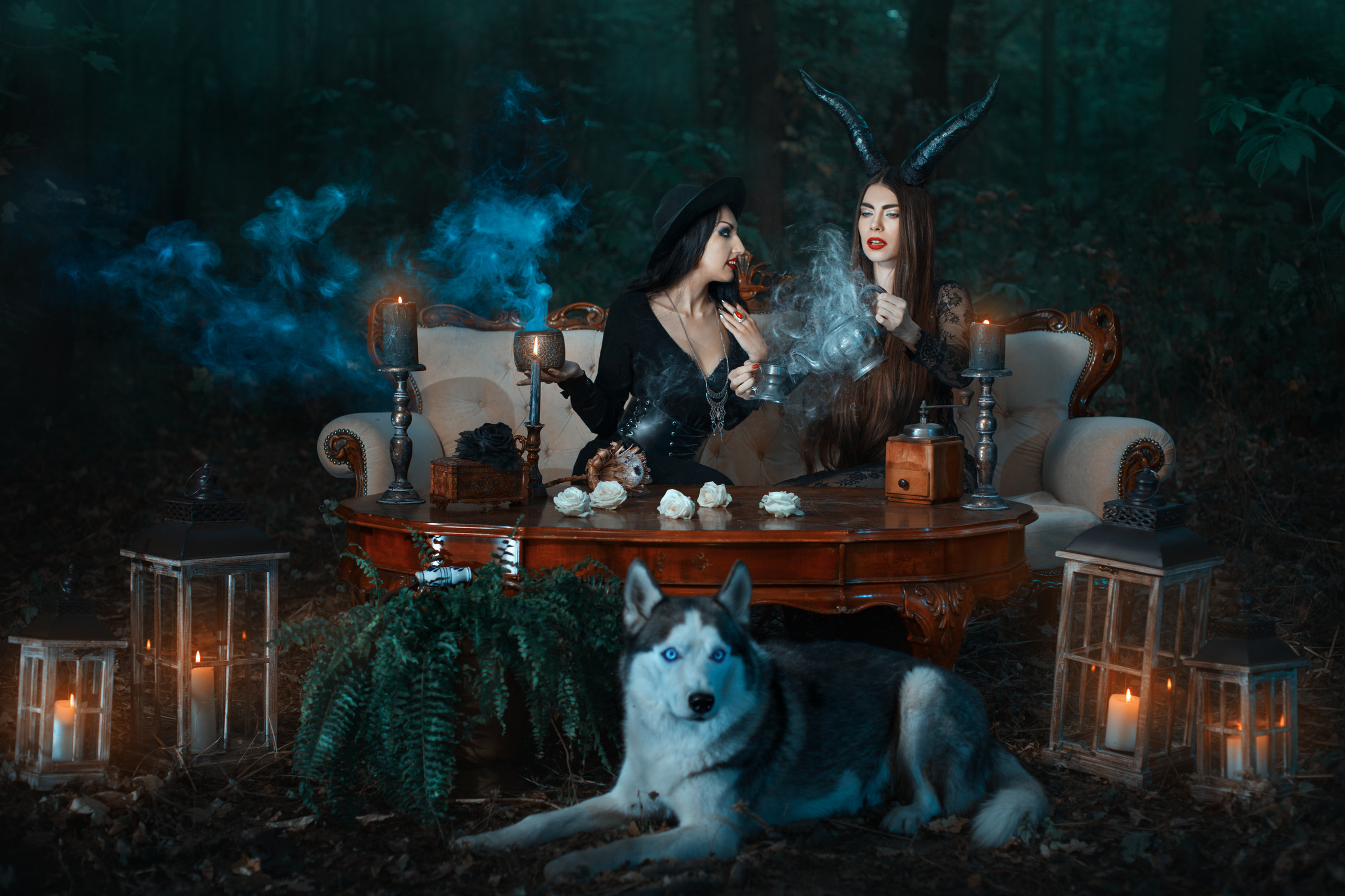 Girls witch in the woods conjure.